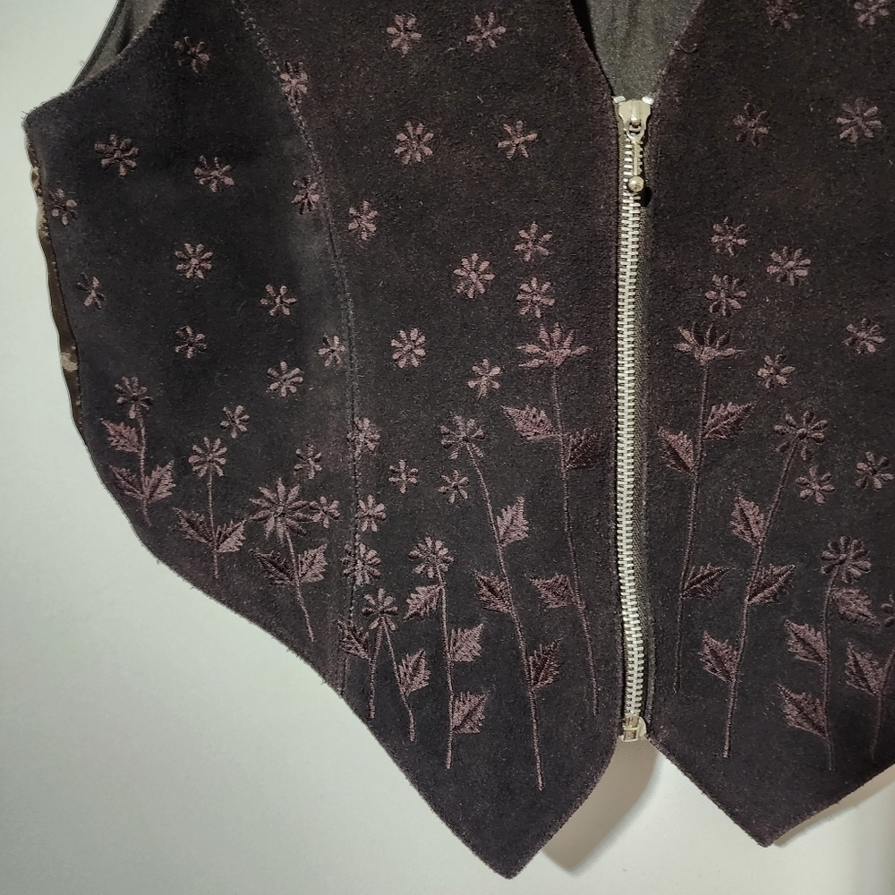 VINTAGE AJ 60s/70s Brown Leather Wildflower Zip Vest | Western Boho Hippie L - Picture 5 of 10